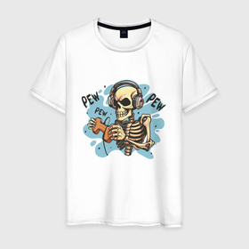 Мужская футболка хлопок с принтом Скелет геймер в Тюмени, 100% хлопок | прямой крой, круглый вырез горловины, длина до линии бедер, слегка спущенное плечо. | 
