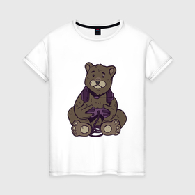 Женская футболка хлопок с принтом Медведь геймер в Кировске, 100% хлопок | прямой крой, круглый вырез горловины, длина до линии бедер, слегка спущенное плечо | 