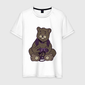Мужская футболка хлопок с принтом Медведь геймер в Курске, 100% хлопок | прямой крой, круглый вырез горловины, длина до линии бедер, слегка спущенное плечо. | 