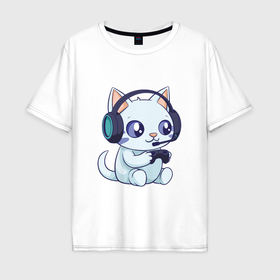 Мужская футболка хлопок Oversize с принтом Милый кот геймер в Курске, 100% хлопок | свободный крой, круглый ворот, “спинка” длиннее передней части | 