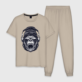 Мужская пижама хлопок с принтом Music gorilla в Новосибирске, 100% хлопок | брюки и футболка прямого кроя, без карманов, на брюках мягкая резинка на поясе и по низу штанин
 | 