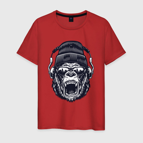 Мужская футболка хлопок с принтом Music gorilla в Новосибирске, 100% хлопок | прямой крой, круглый вырез горловины, длина до линии бедер, слегка спущенное плечо. | Тематика изображения на принте: 