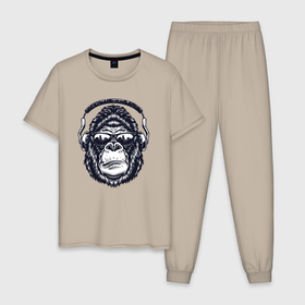 Мужская пижама хлопок с принтом Горилла в наушниках в Петрозаводске, 100% хлопок | брюки и футболка прямого кроя, без карманов, на брюках мягкая резинка на поясе и по низу штанин
 | 