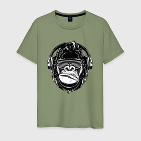 Мужская футболка хлопок с принтом Music gorilla в Новосибирске, 100% хлопок | прямой крой, круглый вырез горловины, длина до линии бедер, слегка спущенное плечо. | Тематика изображения на принте: 