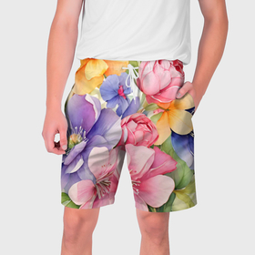 Мужские шорты 3D с принтом Букет с весенними цветами в Екатеринбурге,  полиэстер 100% | прямой крой, два кармана без застежек по бокам. Мягкая трикотажная резинка на поясе, внутри которой широкие завязки. Длина чуть выше колен | 
