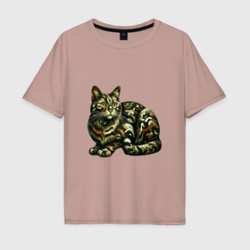 Мужская футболка хлопок Oversize с принтом Камуфляжный кот в Кировске, 100% хлопок | свободный крой, круглый ворот, “спинка” длиннее передней части | 