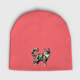 Мужская шапка демисезонная с принтом Кот в камуфляже из листьев в Тюмени,  |  | Тематика изображения на принте: 