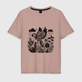 Мужская футболка хлопок Oversize с принтом Летящий попугай и растения в Курске, 100% хлопок | свободный крой, круглый ворот, “спинка” длиннее передней части | 