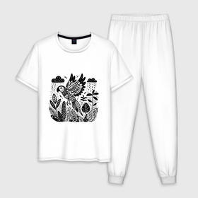Мужская пижама хлопок с принтом Летящий попугай и растения в Новосибирске, 100% хлопок | брюки и футболка прямого кроя, без карманов, на брюках мягкая резинка на поясе и по низу штанин
 | 