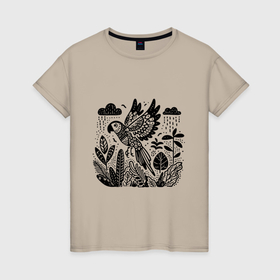 Женская футболка хлопок с принтом Летящий попугай и растения в Екатеринбурге, 100% хлопок | прямой крой, круглый вырез горловины, длина до линии бедер, слегка спущенное плечо | 