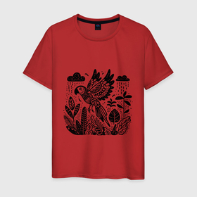 Мужская футболка хлопок с принтом Летящий попугай и растения в Курске, 100% хлопок | прямой крой, круглый вырез горловины, длина до линии бедер, слегка спущенное плечо. | 