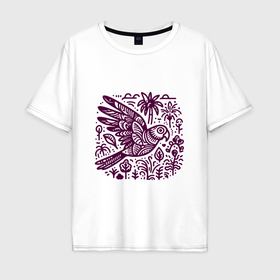 Мужская футболка хлопок Oversize с принтом Орнамент с попугаем и растениями в Новосибирске, 100% хлопок | свободный крой, круглый ворот, “спинка” длиннее передней части | 