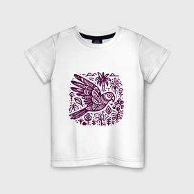 Детская футболка хлопок с принтом Орнамент с попугаем и растениями , 100% хлопок | круглый вырез горловины, полуприлегающий силуэт, длина до линии бедер | 