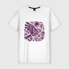 Мужская футболка хлопок Slim с принтом Орнамент с попугаем и растениями в Кировске, 92% хлопок, 8% лайкра | приталенный силуэт, круглый вырез ворота, длина до линии бедра, короткий рукав | 