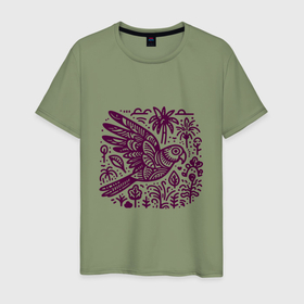 Мужская футболка хлопок с принтом Орнамент с попугаем и растениями в Курске, 100% хлопок | прямой крой, круглый вырез горловины, длина до линии бедер, слегка спущенное плечо. | 