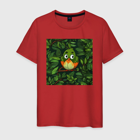 Мужская футболка хлопок с принтом Птичка в на дереве в Кировске, 100% хлопок | прямой крой, круглый вырез горловины, длина до линии бедер, слегка спущенное плечо. | 