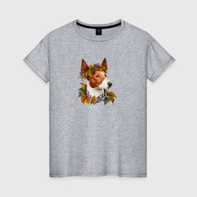 Женская футболка хлопок с принтом Басенджи рыжий арт с осенними листьями в Кировске, 100% хлопок | прямой крой, круглый вырез горловины, длина до линии бедер, слегка спущенное плечо | 