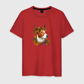 Мужская футболка хлопок с принтом Басенджи рыжий арт с осенними листьями в Новосибирске, 100% хлопок | прямой крой, круглый вырез горловины, длина до линии бедер, слегка спущенное плечо. | Тематика изображения на принте: 