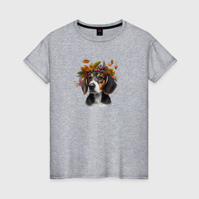Женская футболка хлопок с принтом Бигль арт с осенними листьями в Новосибирске, 100% хлопок | прямой крой, круглый вырез горловины, длина до линии бедер, слегка спущенное плечо | 