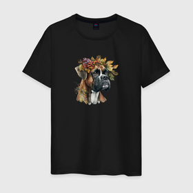 Мужская футболка хлопок с принтом Боксер арт с осенними листьями в Курске, 100% хлопок | прямой крой, круглый вырез горловины, длина до линии бедер, слегка спущенное плечо. | 