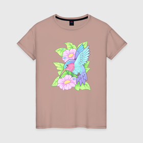 Женская футболка хлопок с принтом Маленькая птичка колибри в Курске, 100% хлопок | прямой крой, круглый вырез горловины, длина до линии бедер, слегка спущенное плечо | 