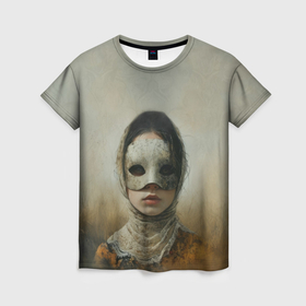 Женская футболка 3D с принтом Юная девушка в маске в Новосибирске, 100% полиэфир ( синтетическое хлопкоподобное полотно) | прямой крой, круглый вырез горловины, длина до линии бедер | 