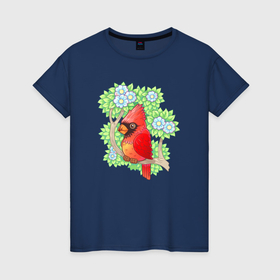 Женская футболка хлопок с принтом Красный кардинал на ветке в Петрозаводске, 100% хлопок | прямой крой, круглый вырез горловины, длина до линии бедер, слегка спущенное плечо | 