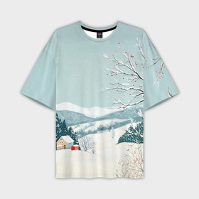 Мужская футболка oversize 3D с принтом Зимний день в деревне в Петрозаводске,  |  | 