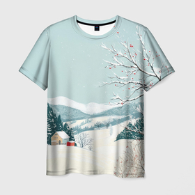 Мужская футболка 3D с принтом Зимний день в деревне в Белгороде, 100% полиэфир | прямой крой, круглый вырез горловины, длина до линии бедер | Тематика изображения на принте: 