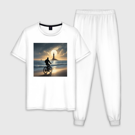 Мужская пижама хлопок с принтом Маяк на фоне заката в Курске, 100% хлопок | брюки и футболка прямого кроя, без карманов, на брюках мягкая резинка на поясе и по низу штанин
 | 