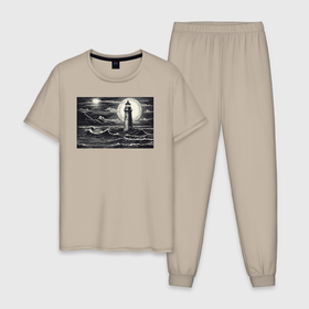 Мужская пижама хлопок с принтом Маяк в графике , 100% хлопок | брюки и футболка прямого кроя, без карманов, на брюках мягкая резинка на поясе и по низу штанин
 | 