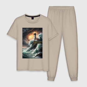 Мужская пижама хлопок с принтом Маяк в буре в Курске, 100% хлопок | брюки и футболка прямого кроя, без карманов, на брюках мягкая резинка на поясе и по низу штанин
 | 
