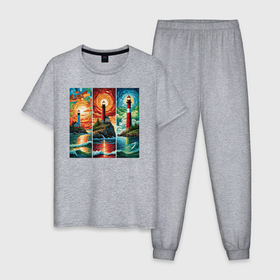 Мужская пижама хлопок с принтом Маяки удачи в Новосибирске, 100% хлопок | брюки и футболка прямого кроя, без карманов, на брюках мягкая резинка на поясе и по низу штанин
 | Тематика изображения на принте: 