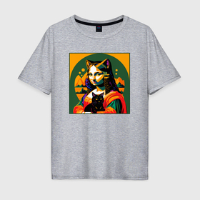 Мужская футболка хлопок Oversize с принтом Мона Лиза с черным котиком в Белгороде, 100% хлопок | свободный крой, круглый ворот, “спинка” длиннее передней части | Тематика изображения на принте: 