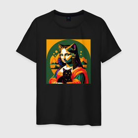 Мужская футболка хлопок с принтом Мона Лиза с черным котиком в Белгороде, 100% хлопок | прямой крой, круглый вырез горловины, длина до линии бедер, слегка спущенное плечо. | Тематика изображения на принте: 