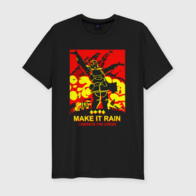 Мужская футболка хлопок Slim с принтом Make it rain   helldivers 2 в Тюмени, 92% хлопок, 8% лайкра | приталенный силуэт, круглый вырез ворота, длина до линии бедра, короткий рукав | 