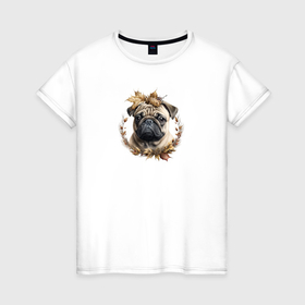 Женская футболка хлопок с принтом Мопс осенний арт в Кировске, 100% хлопок | прямой крой, круглый вырез горловины, длина до линии бедер, слегка спущенное плечо | 