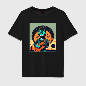 Мужская футболка хлопок Oversize с принтом Кот с гитарой в стиле Дэвида Боуи в Кировске, 100% хлопок | свободный крой, круглый ворот, “спинка” длиннее передней части | Тематика изображения на принте: 