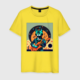 Мужская футболка хлопок с принтом Кот с гитарой в стиле Дэвида Боуи в Кировске, 100% хлопок | прямой крой, круглый вырез горловины, длина до линии бедер, слегка спущенное плечо. | 