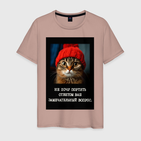 Мужская футболка хлопок с принтом Мем котик в шапочке: не хочу портить ответом ваш вопрос в Белгороде, 100% хлопок | прямой крой, круглый вырез горловины, длина до линии бедер, слегка спущенное плечо. | 