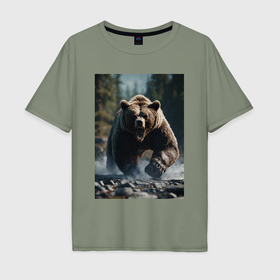 Мужская футболка хлопок Oversize с принтом Разъяренный медведь в Курске, 100% хлопок | свободный крой, круглый ворот, “спинка” длиннее передней части | 