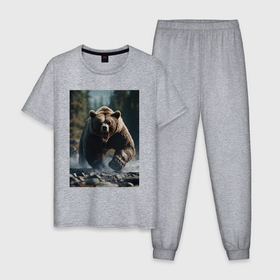 Мужская пижама хлопок с принтом Разъяренный медведь в Курске, 100% хлопок | брюки и футболка прямого кроя, без карманов, на брюках мягкая резинка на поясе и по низу штанин
 | 