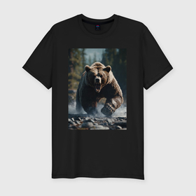 Мужская футболка хлопок Slim с принтом Разъяренный медведь в Екатеринбурге, 92% хлопок, 8% лайкра | приталенный силуэт, круглый вырез ворота, длина до линии бедра, короткий рукав | 