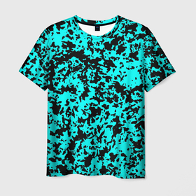 Мужская футболка 3D с принтом Пятнистый яркий чёрно голубой в Петрозаводске, 100% полиэфир | прямой крой, круглый вырез горловины, длина до линии бедер | 