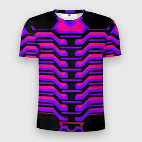 Мужская футболка 3D Slim с принтом Киберпанк броня фиолетовая v1 в Екатеринбурге, 100% полиэстер с улучшенными характеристиками | приталенный силуэт, круглая горловина, широкие плечи, сужается к линии бедра | Тематика изображения на принте: 
