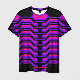 Мужская футболка 3D с принтом Киберпанк броня фиолетовая v1 в Екатеринбурге, 100% полиэфир | прямой крой, круглый вырез горловины, длина до линии бедер | 