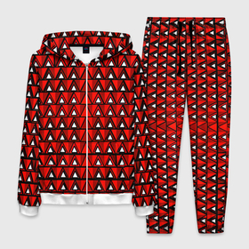 Мужской костюм 3D с принтом Узор из треугольников с чёрной обводкой красный в Новосибирске, 100% полиэстер | Манжеты и пояс оформлены тканевой резинкой, двухслойный капюшон со шнурком для регулировки, карманы спереди | 