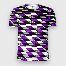 Мужская футболка 3D Slim с принтом Фиолетовые треугольники и квадраты на белом фоне в Екатеринбурге, 100% полиэстер с улучшенными характеристиками | приталенный силуэт, круглая горловина, широкие плечи, сужается к линии бедра | Тематика изображения на принте: 