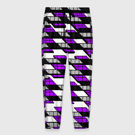 Мужские брюки 3D с принтом Фиолетовые треугольники и квадраты на белом фоне в Курске, 100% полиэстер | манжеты по низу, эластичный пояс регулируется шнурком, по бокам два кармана без застежек, внутренняя часть кармана из мелкой сетки | 