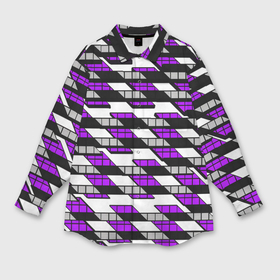 Мужская рубашка oversize 3D с принтом Фиолетовые треугольники и квадраты на белом фоне в Екатеринбурге,  |  | Тематика изображения на принте: 